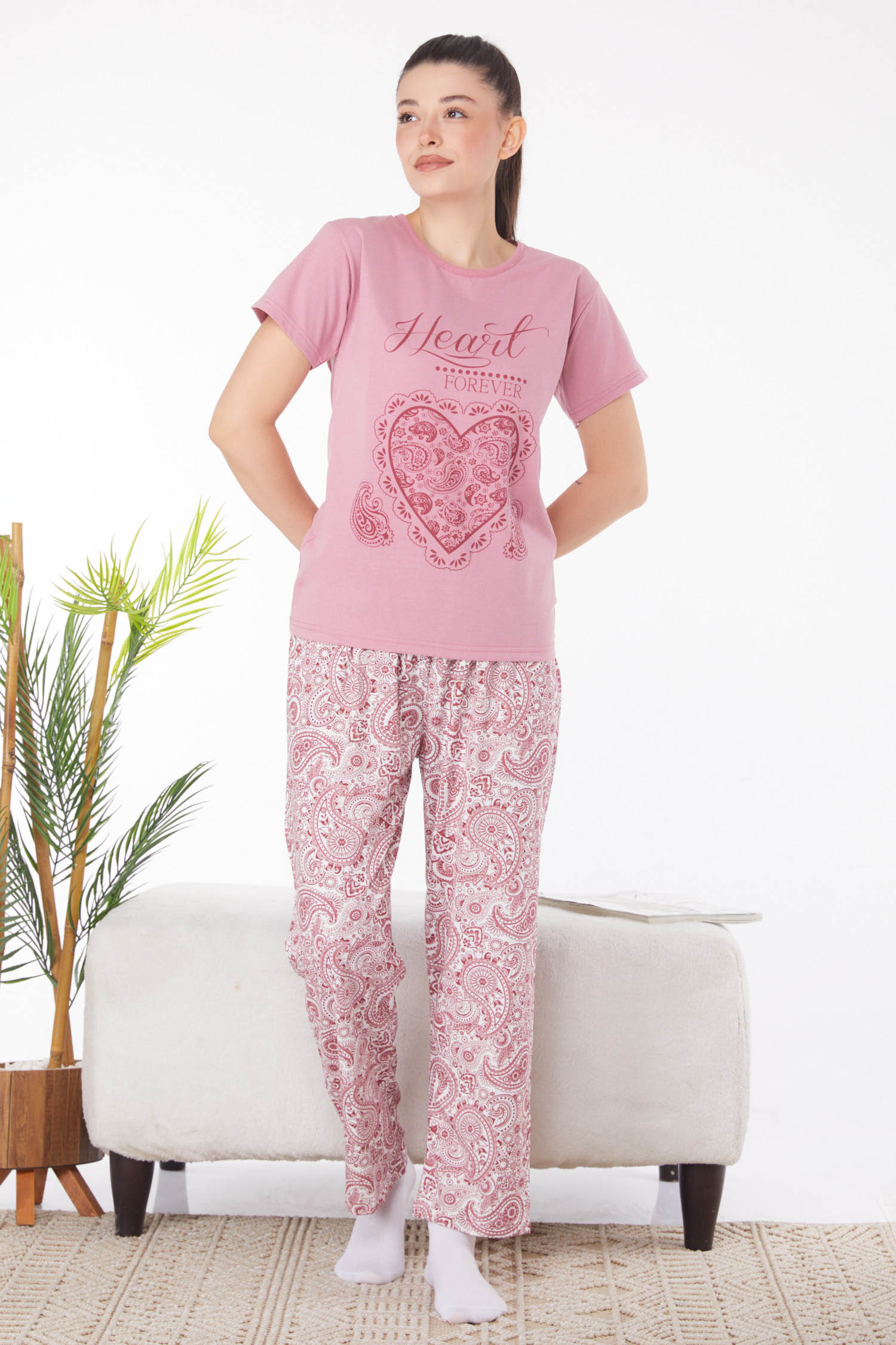 Düz Bisiklet Yaka Kadın Gul Kurusu Baskılı Pijama Takımı - 25820 - 3