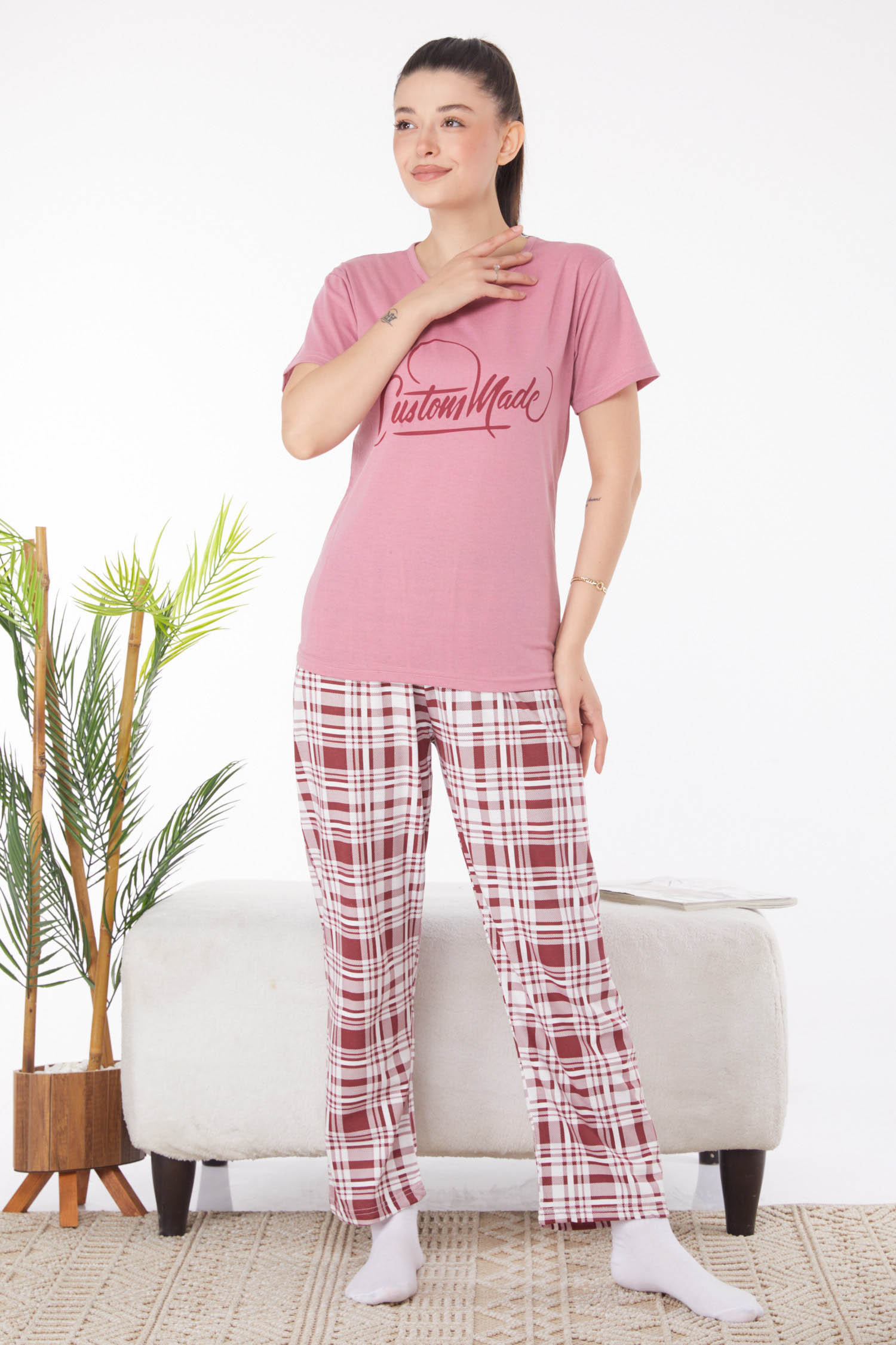 Düz Bisiklet Yaka Kadın Gul Kurusu Baskılı Pijama Takımı - 25826 - 1
