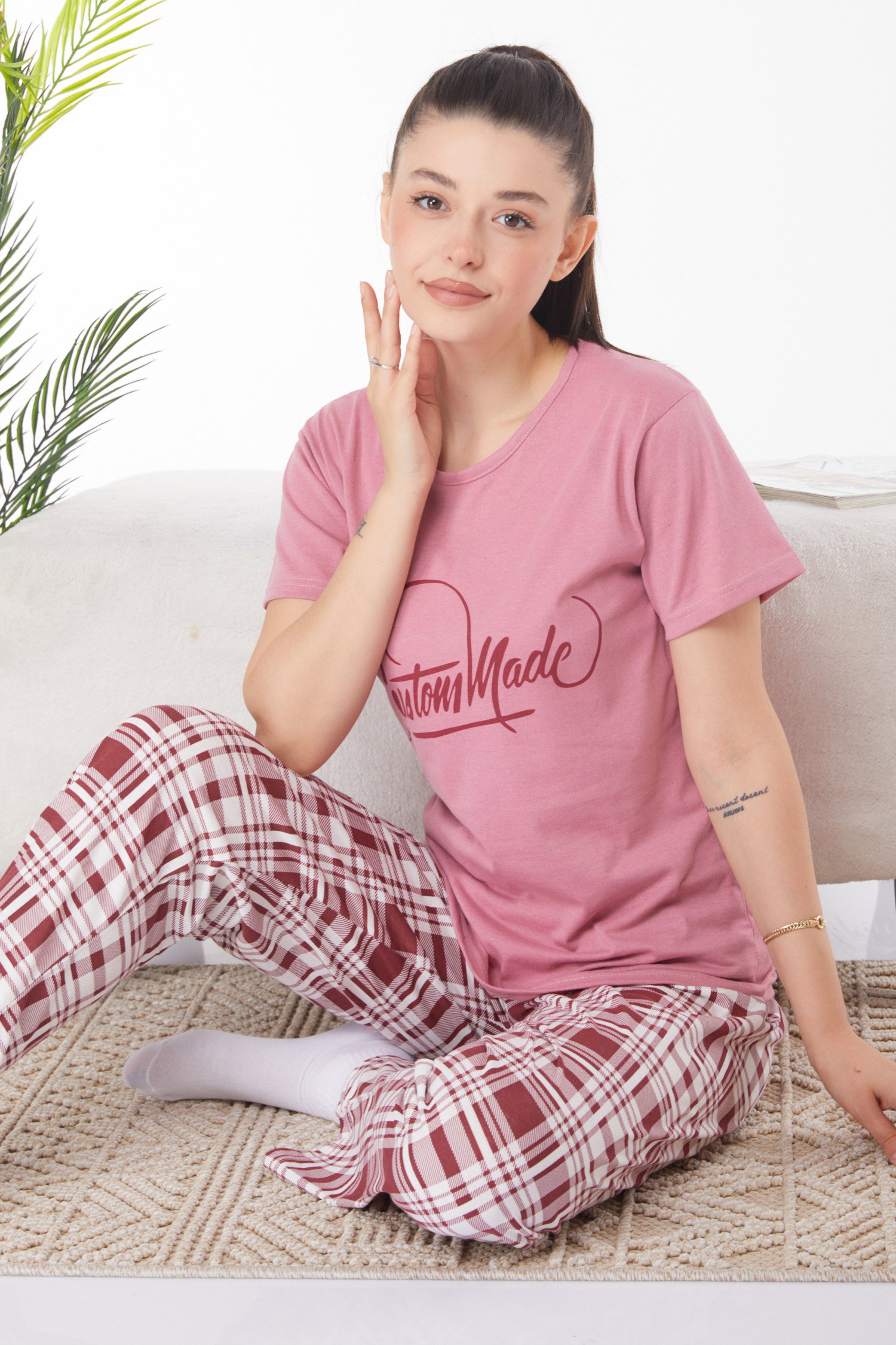 Düz Bisiklet Yaka Kadın Gul Kurusu Baskılı Pijama Takımı - 25826 - 2