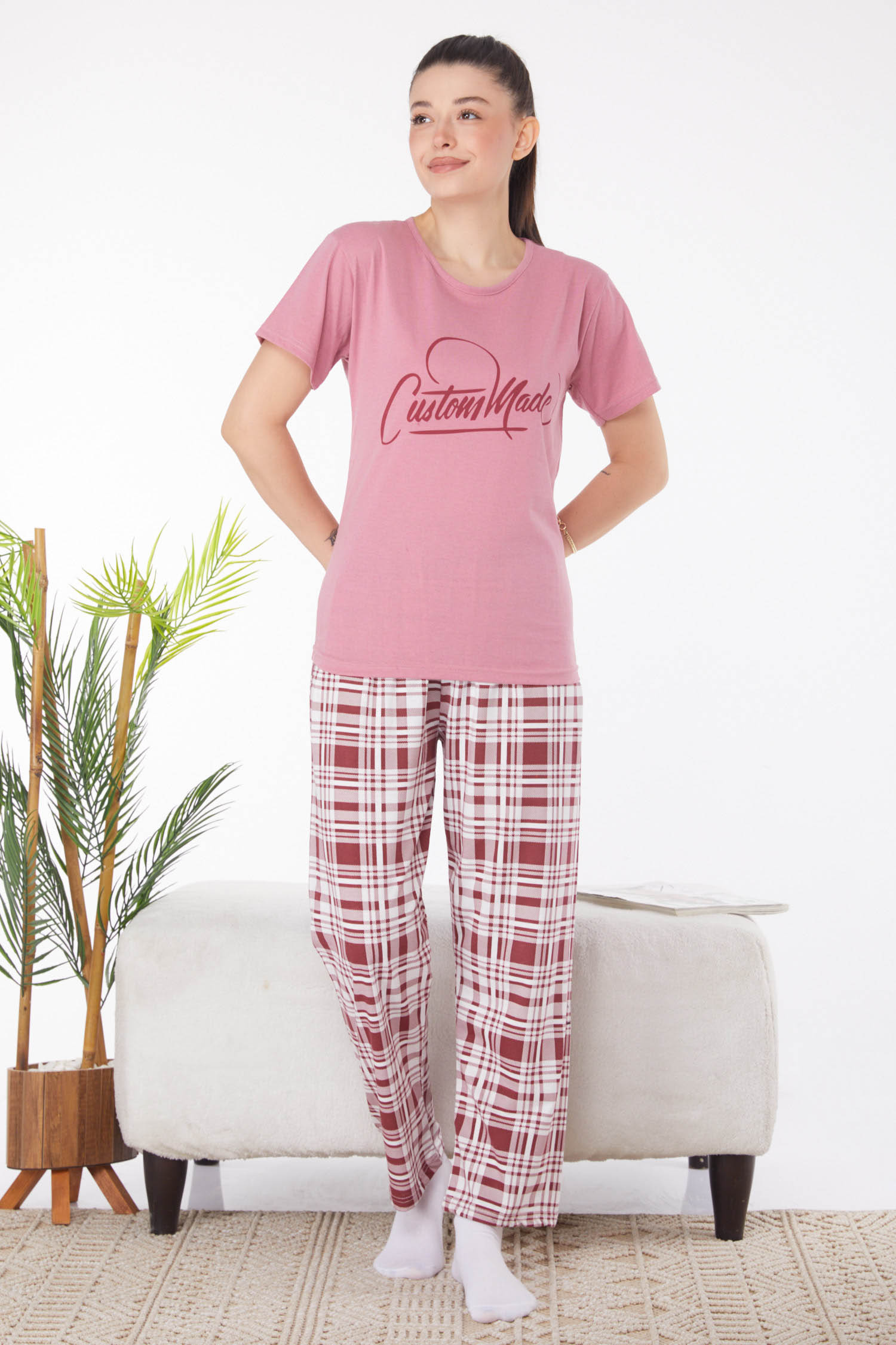 Düz Bisiklet Yaka Kadın Gul Kurusu Baskılı Pijama Takımı - 25826 - 3