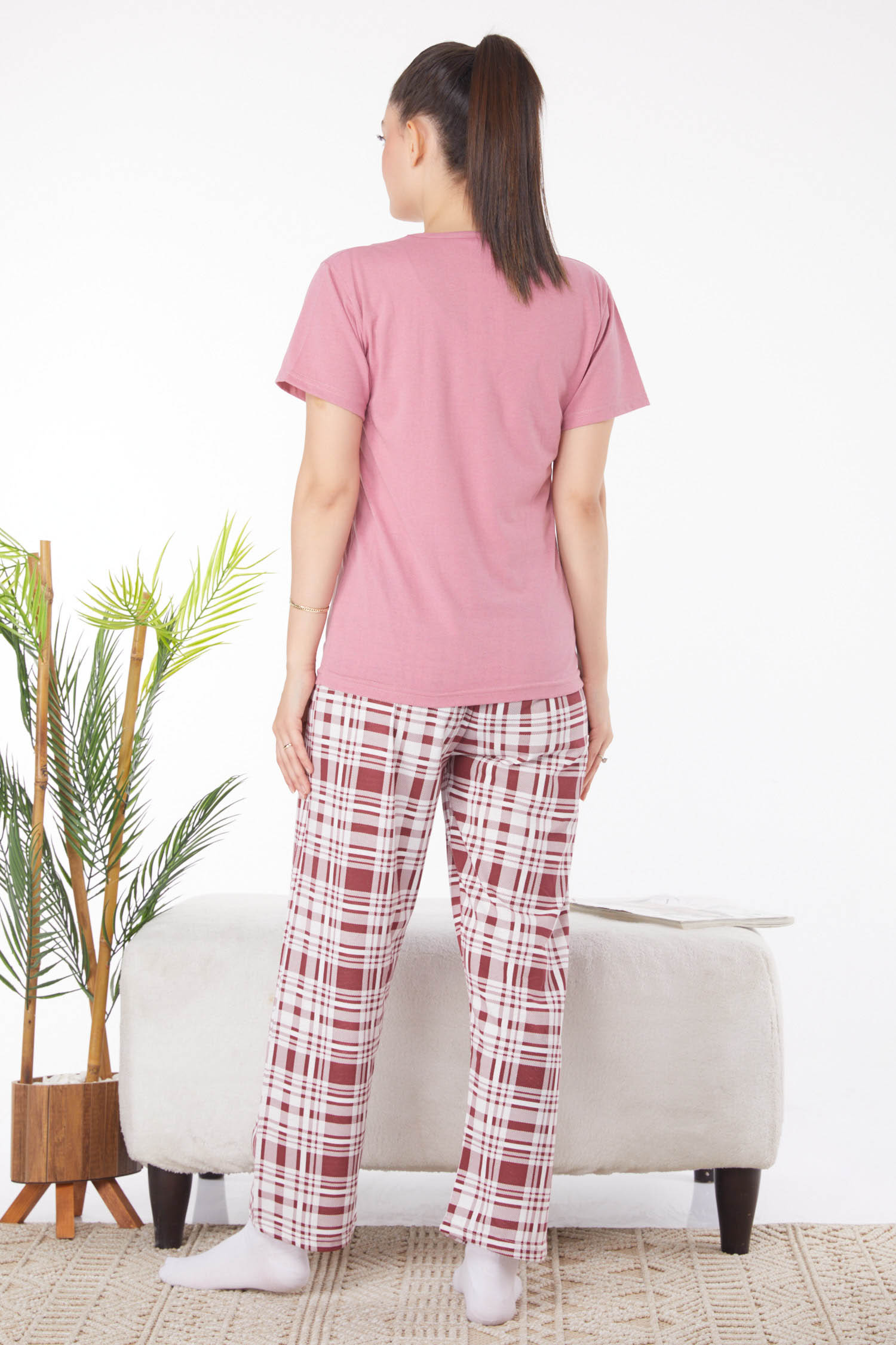 Düz Bisiklet Yaka Kadın Gul Kurusu Baskılı Pijama Takımı - 25826 - 5