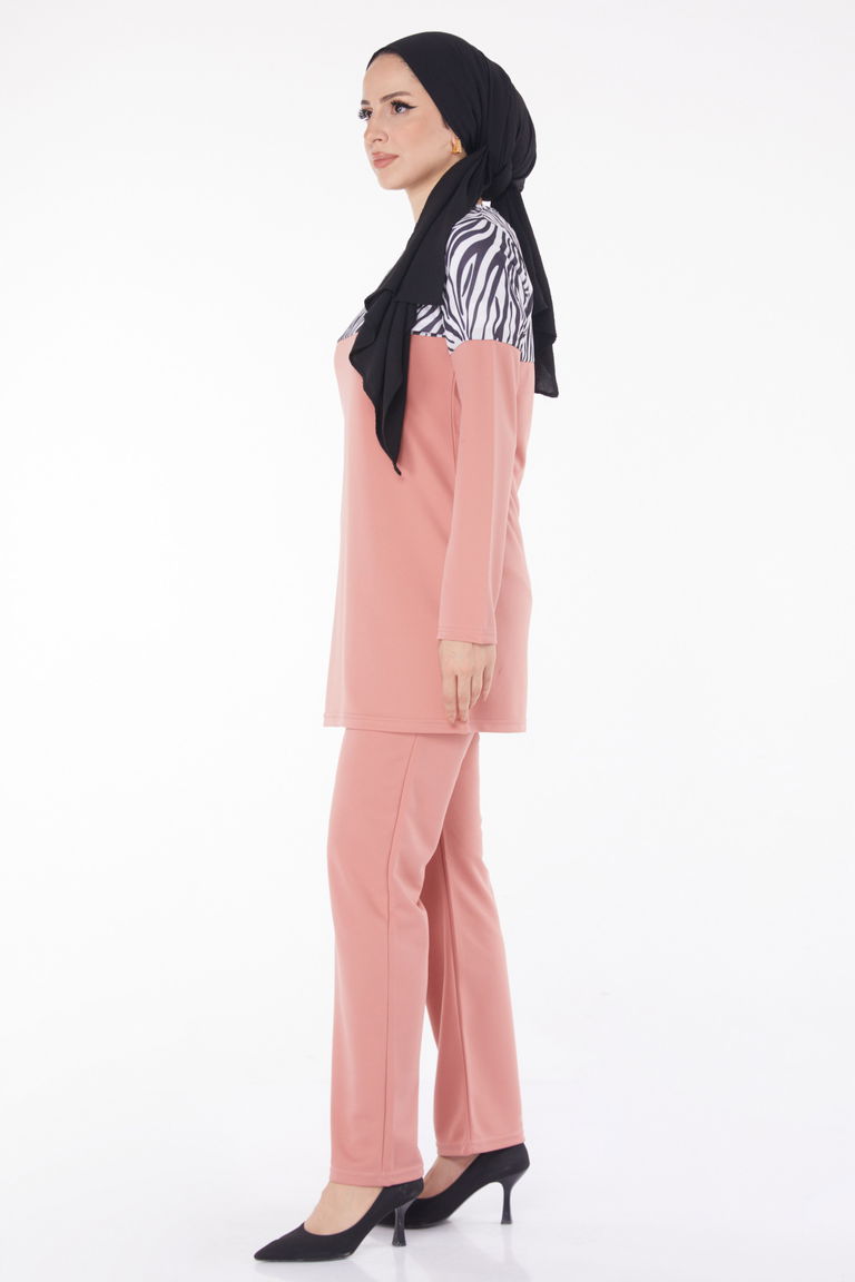 Düz Bisiklet Yaka Kadın Gül Leopar Garnili İkili Takım - 13210 - TOFİSA