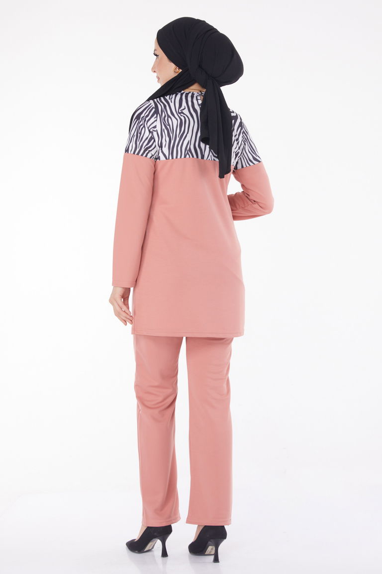 Düz Bisiklet Yaka Kadın Gül Leopar Garnili İkili Takım - 13210 - TOFİSA