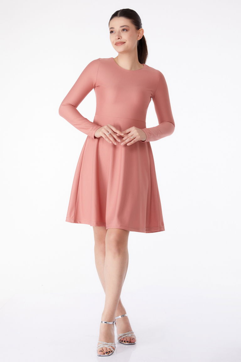 Düz Bisiklet Yaka Kadın Gül Mini Abiye Elbise - 13191 - TOFİSA