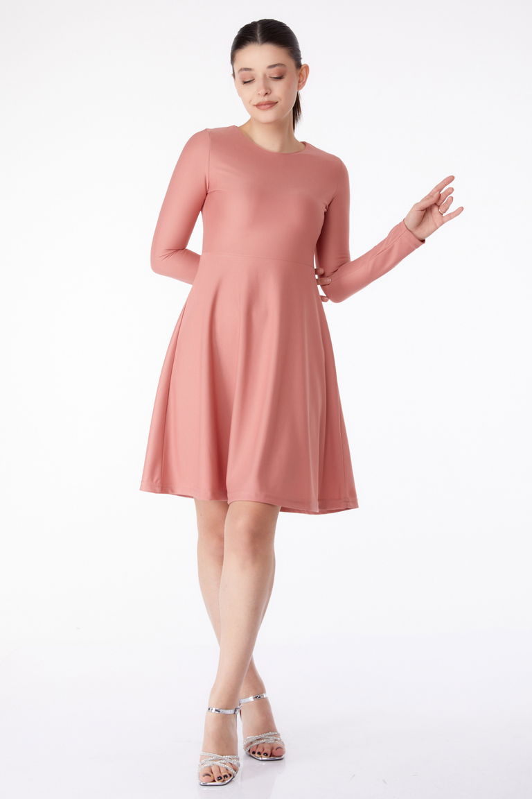 Düz Bisiklet Yaka Kadın Gül Mini Abiye Elbise - 13191 - TOFİSA