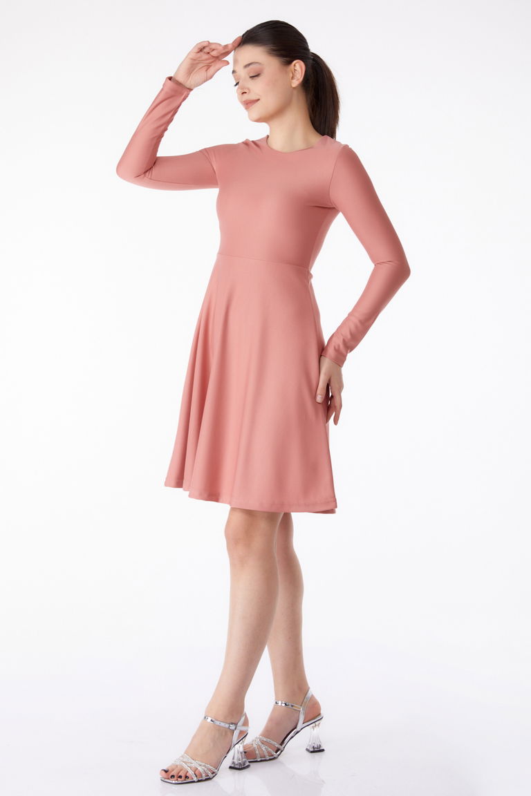 Düz Bisiklet Yaka Kadın Gül Mini Abiye Elbise - 13191 - TOFİSA