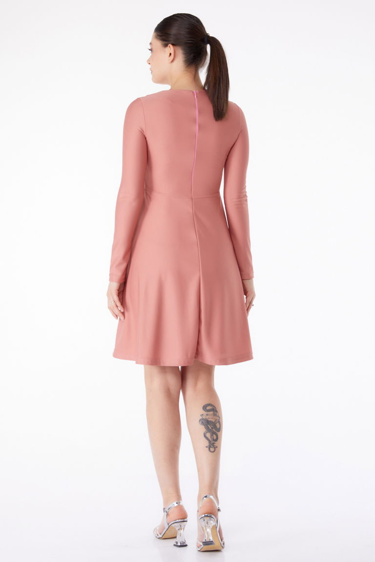 Düz Bisiklet Yaka Kadın Gül Mini Abiye Elbise - 13191 - TOFİSA