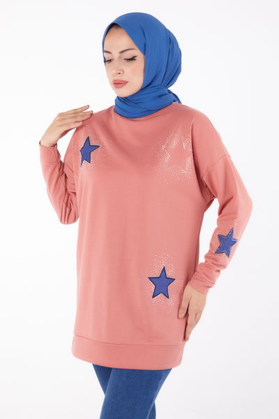 Düz Bisiklet Yaka Kadın Gül Nakışlı Sweatshirt - 13297 