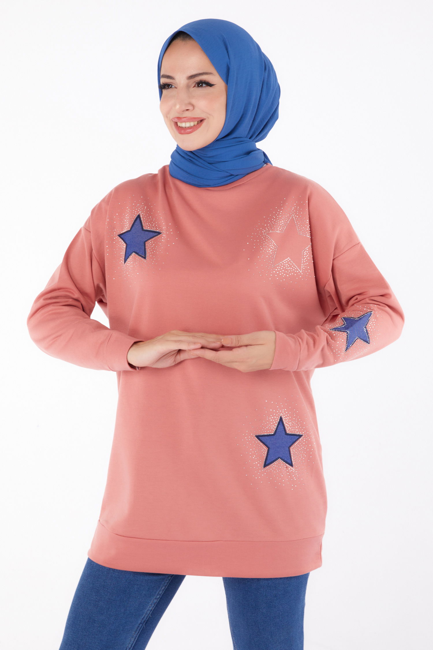 Düz Bisiklet Yaka Kadın Gül Nakışlı Sweatshirt - 13297 - 2