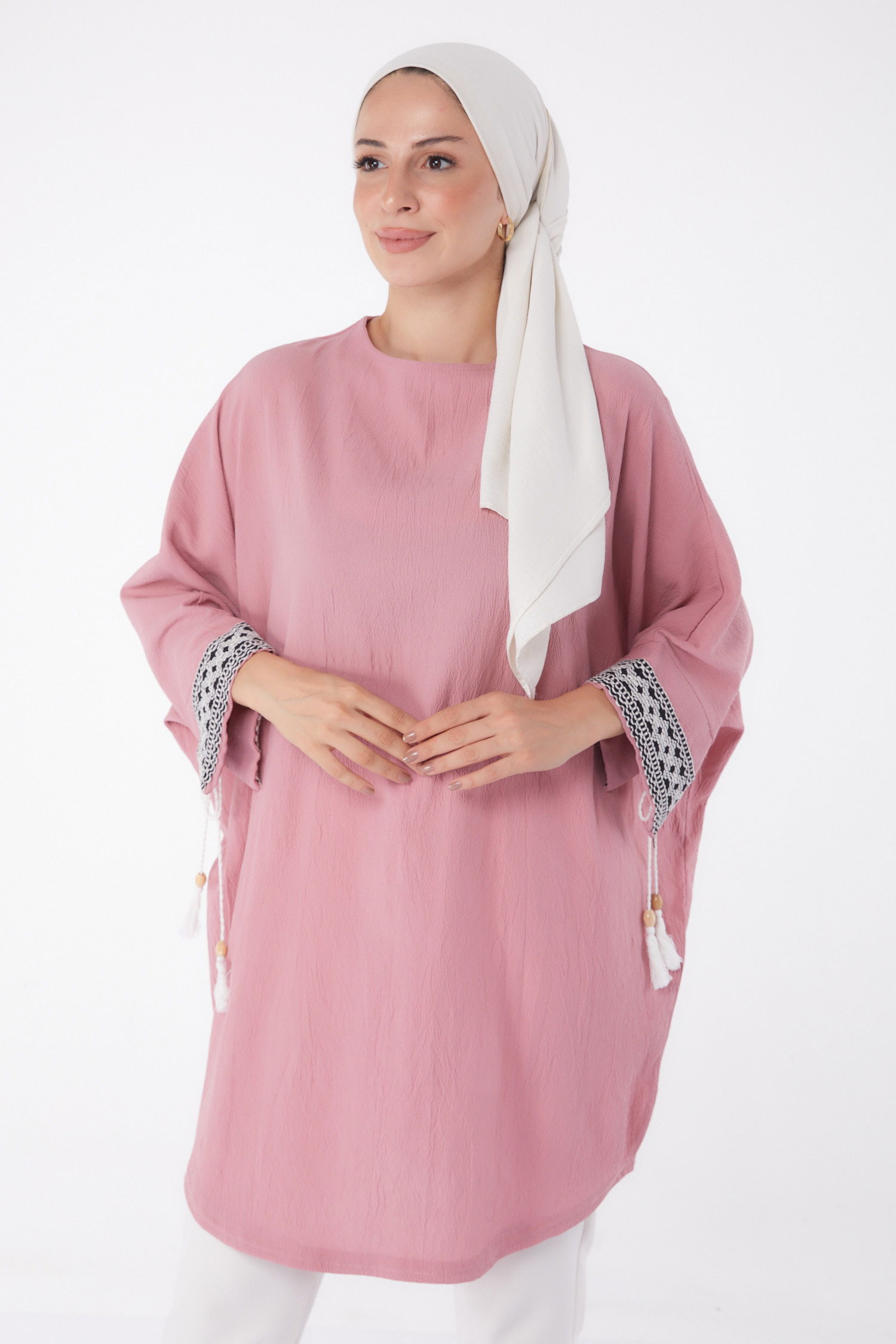 Püsküllü Yarasa Kollu Tunik Gül - 13256 - 1