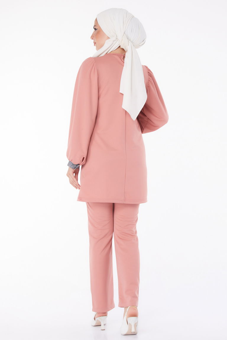 Düz Bisiklet Yaka Kadın Gül Sim Detaylı İkili Takım - 13205 - TOFİSA