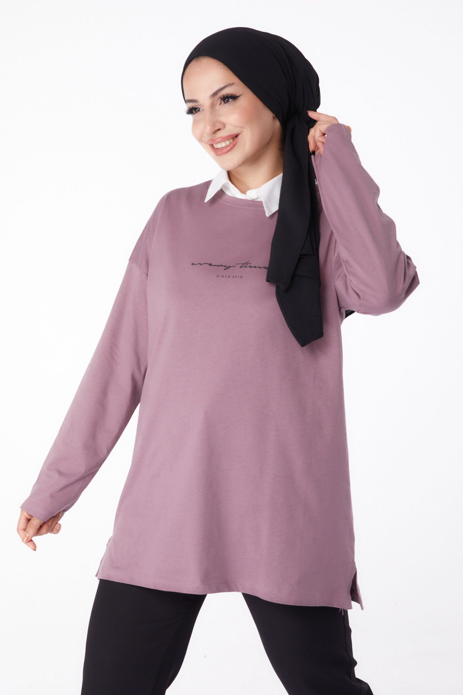Düz Bisiklet Yaka Kadın Gül T-Shirt - 24190 - 1
