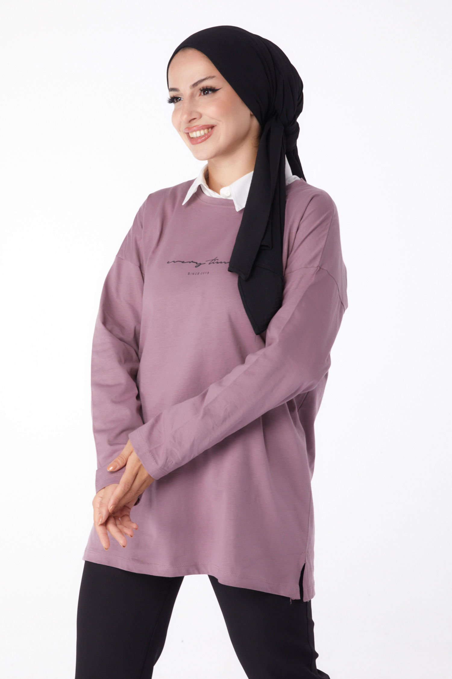 Düz Bisiklet Yaka Kadın Gül T-Shirt - 24190 - 2
