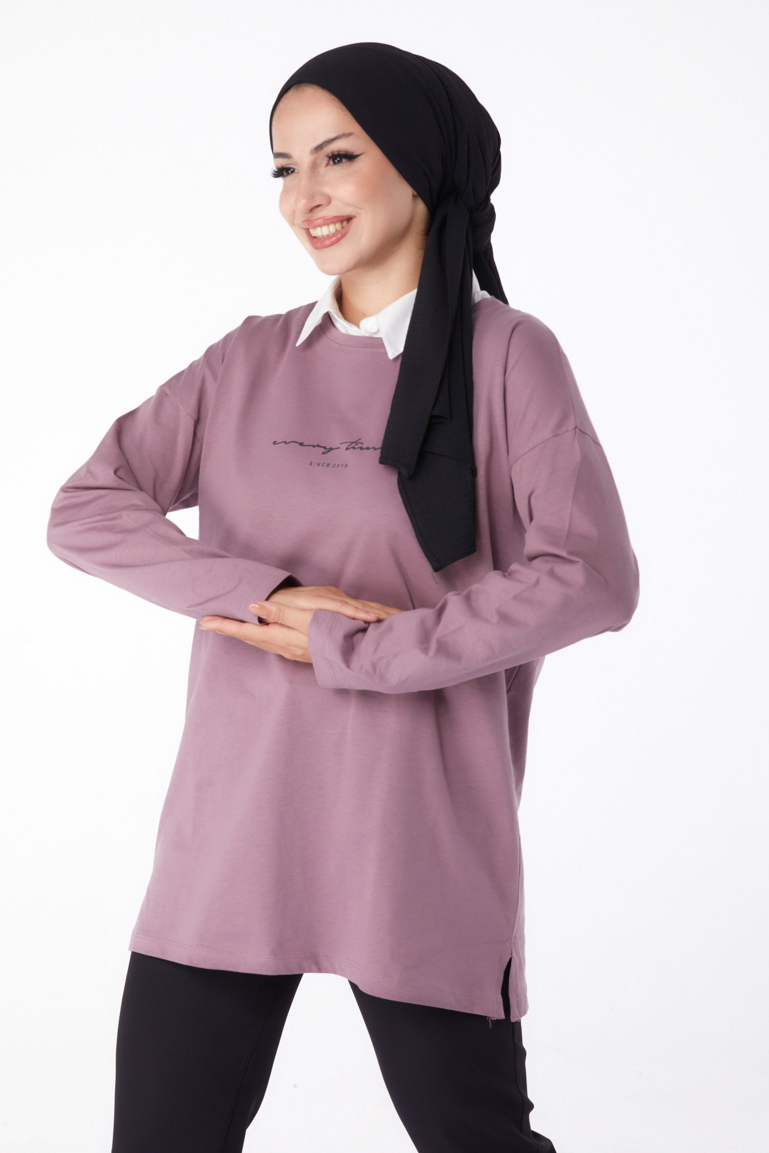 Düz Bisiklet Yaka Kadın Gül T-Shirt - 24190 - 3