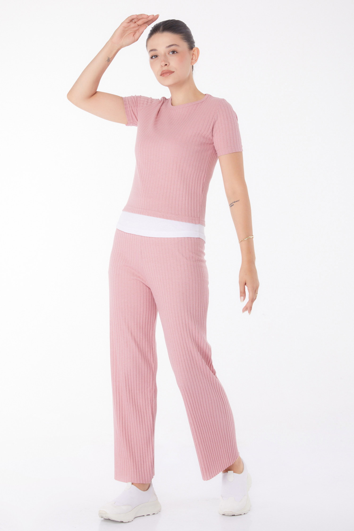 Düz Bisiklet Yaka Kadın Gul T-shirt Pantolon İkili Takım - 25952 - 1