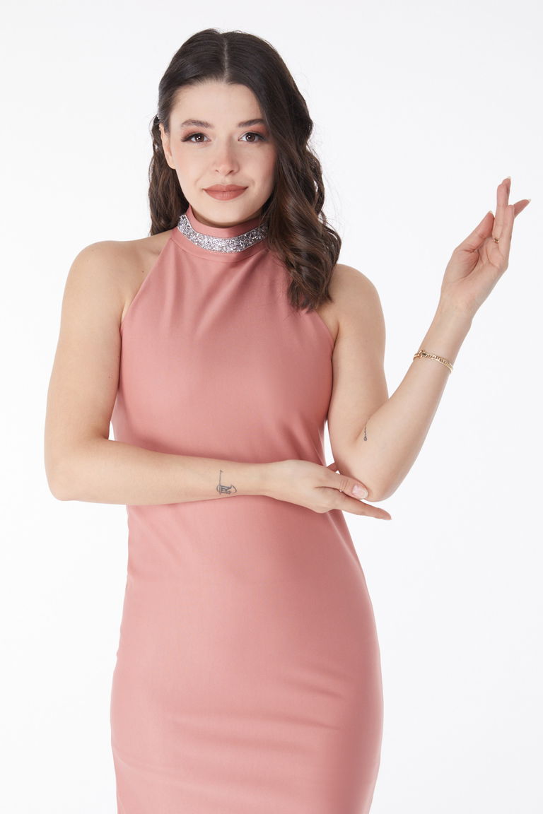 Düz Bisiklet Yaka Kadın Gül Taş Detaylı Abiye Elbise - 13173 - TOFİSA