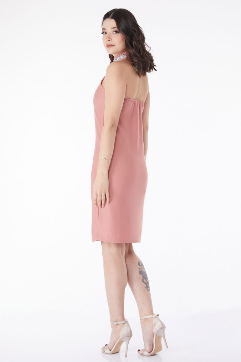 Düz Bisiklet Yaka Kadın Gül Taş Detaylı Abiye Elbise - 13173 - TOFİSA