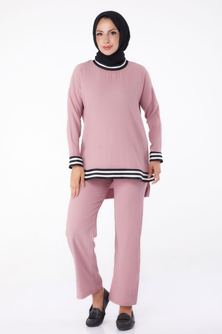 Düz Bisiklet Yaka Kadın Gül Tunik Pantolon - 11321 - TOFİSA
