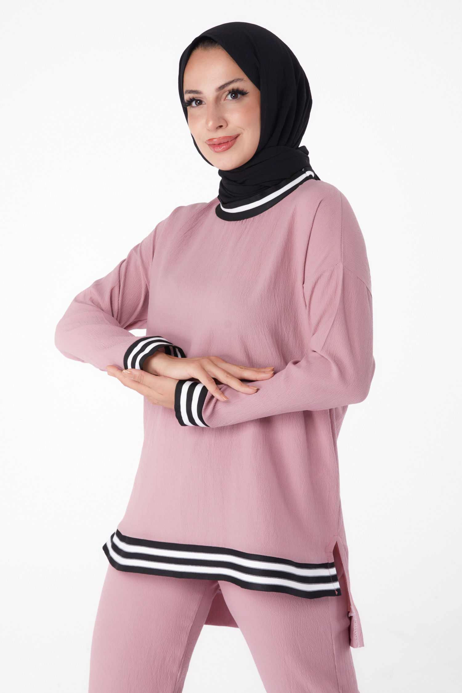 Düz Bisiklet Yaka Kadın Gül Tunik Pantolon - 11321 - 3