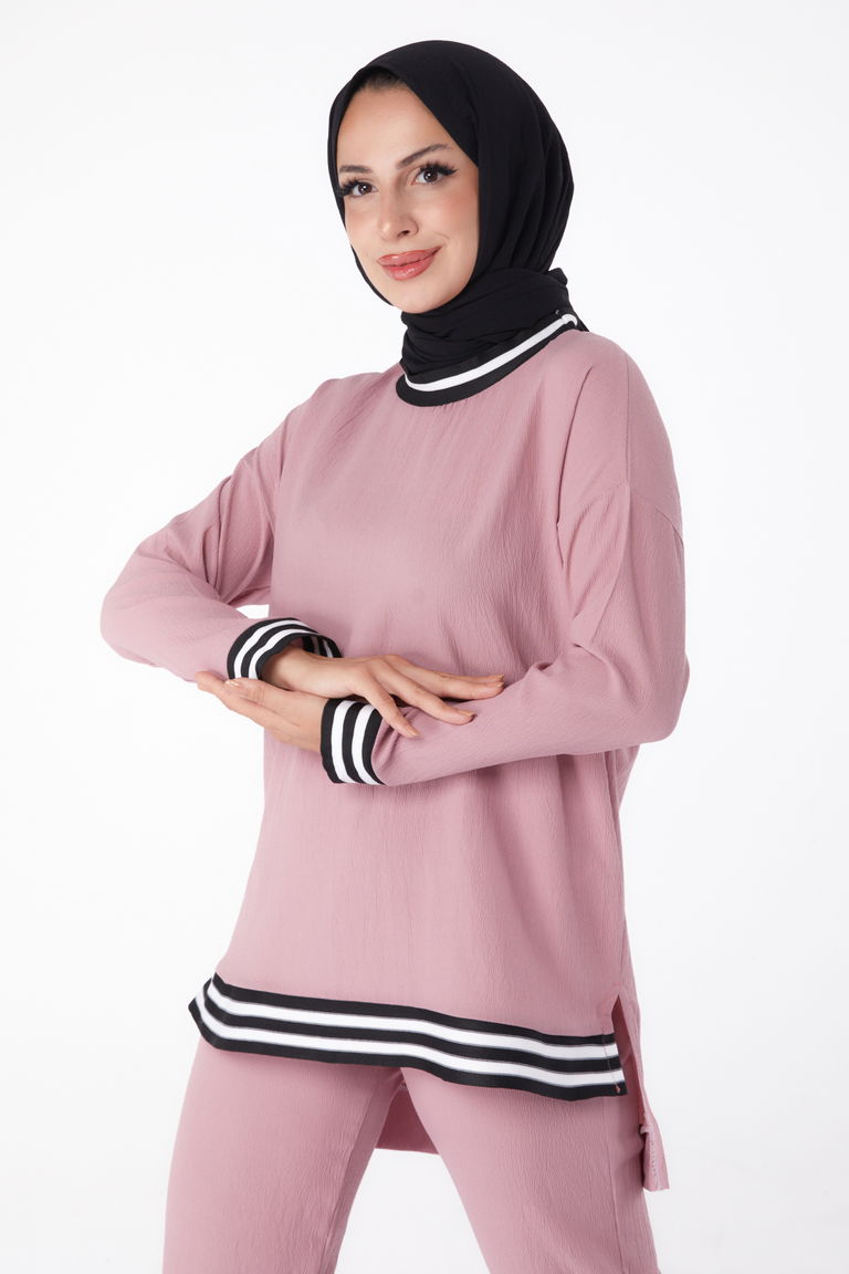 Düz Bisiklet Yaka Kadın Gül Tunik Pantolon - 11321 - TOFİSA