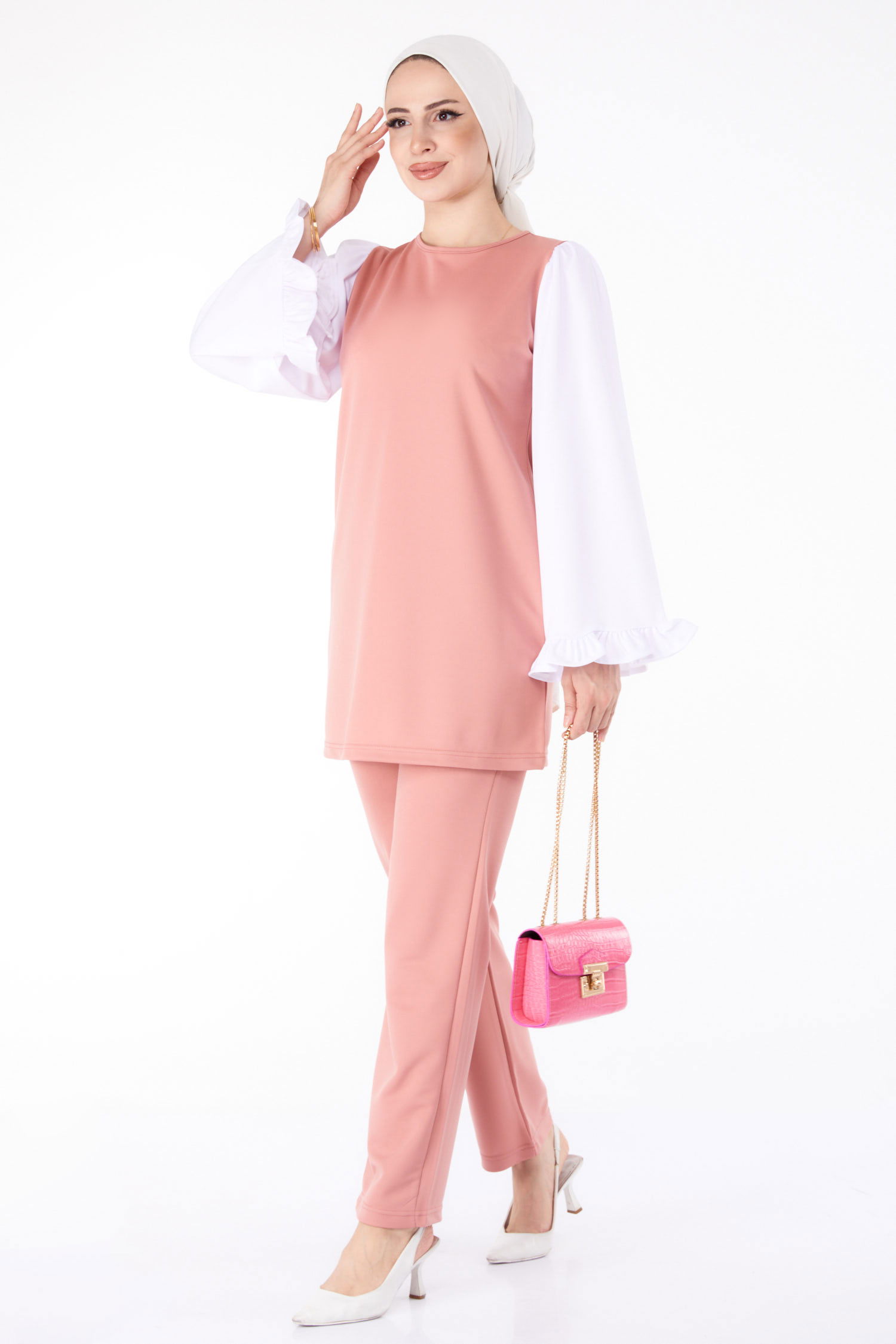 Düz Bisiklet Yaka Kadın Gül Tunik Pantolon İkili Takım - 13198 - 1