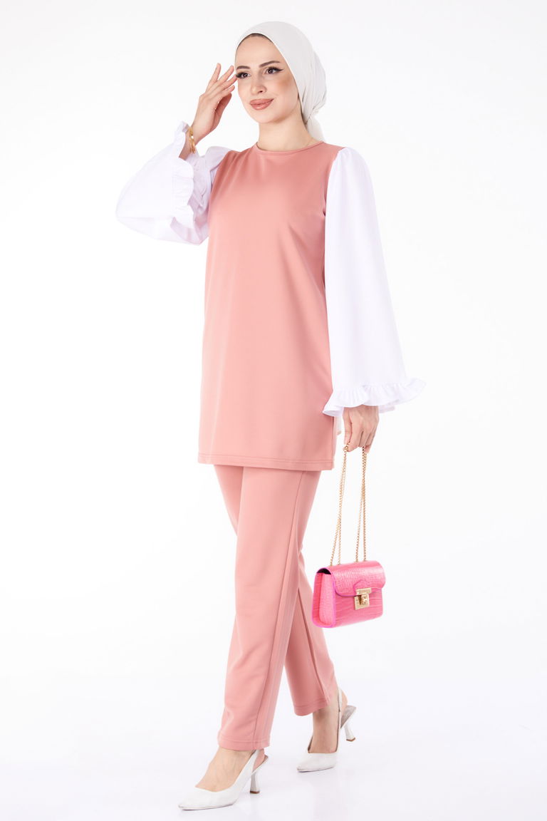 Düz Bisiklet Yaka Kadın Gül Tunik Pantolon İkili Takım - 13198 - TOFİSA