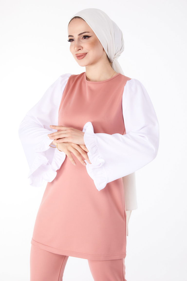 Düz Bisiklet Yaka Kadın Gül Tunik Pantolon İkili Takım - 13198 - TOFİSA