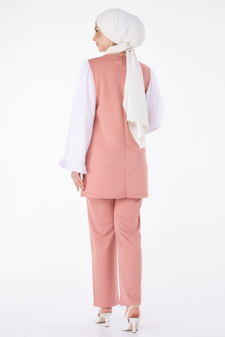 Düz Bisiklet Yaka Kadın Gül Tunik Pantolon İkili Takım - 13198 - TOFİSA