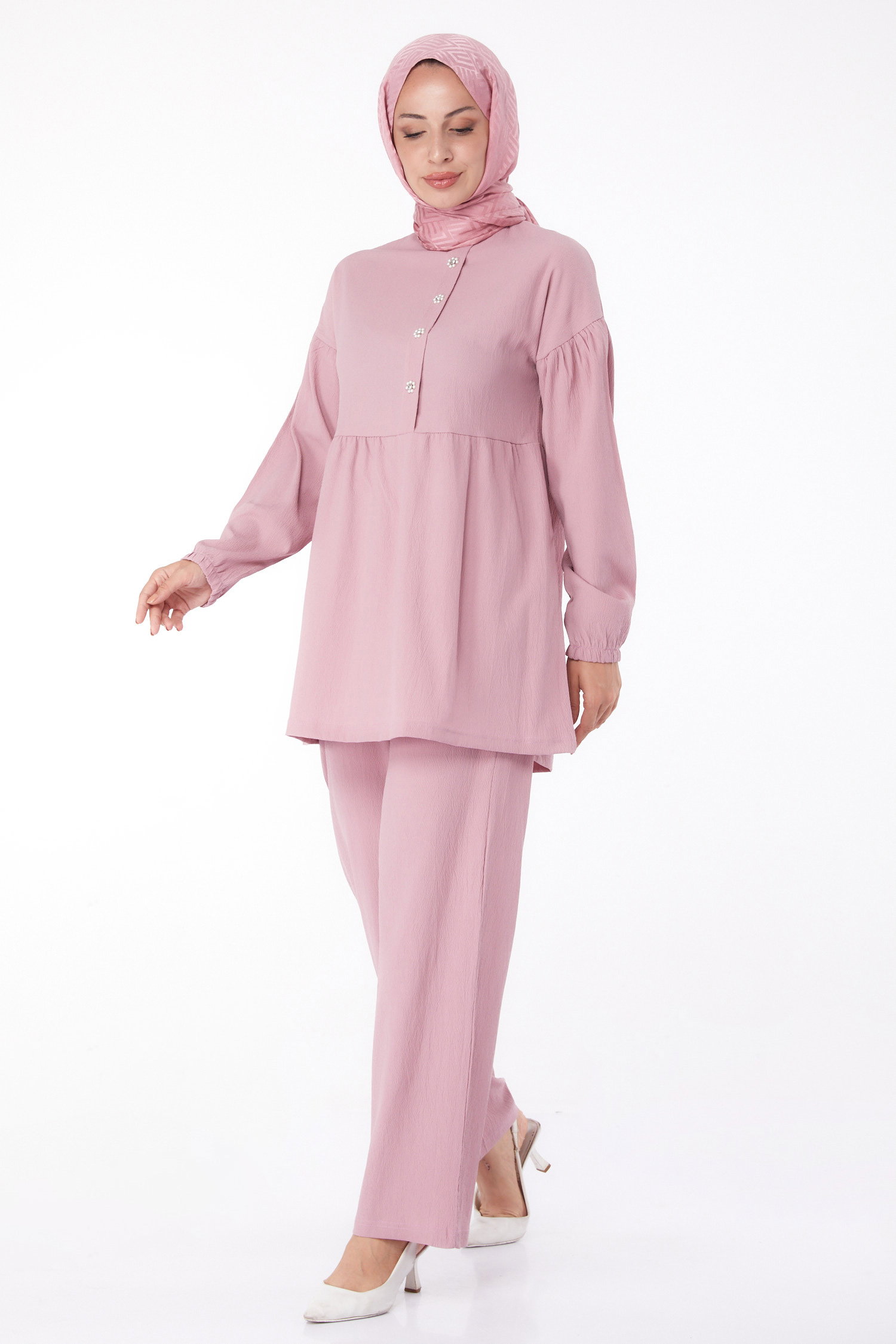 Düz Bisiklet Yaka Kadın Gül Tunik+Pantolon - 11629 - 1