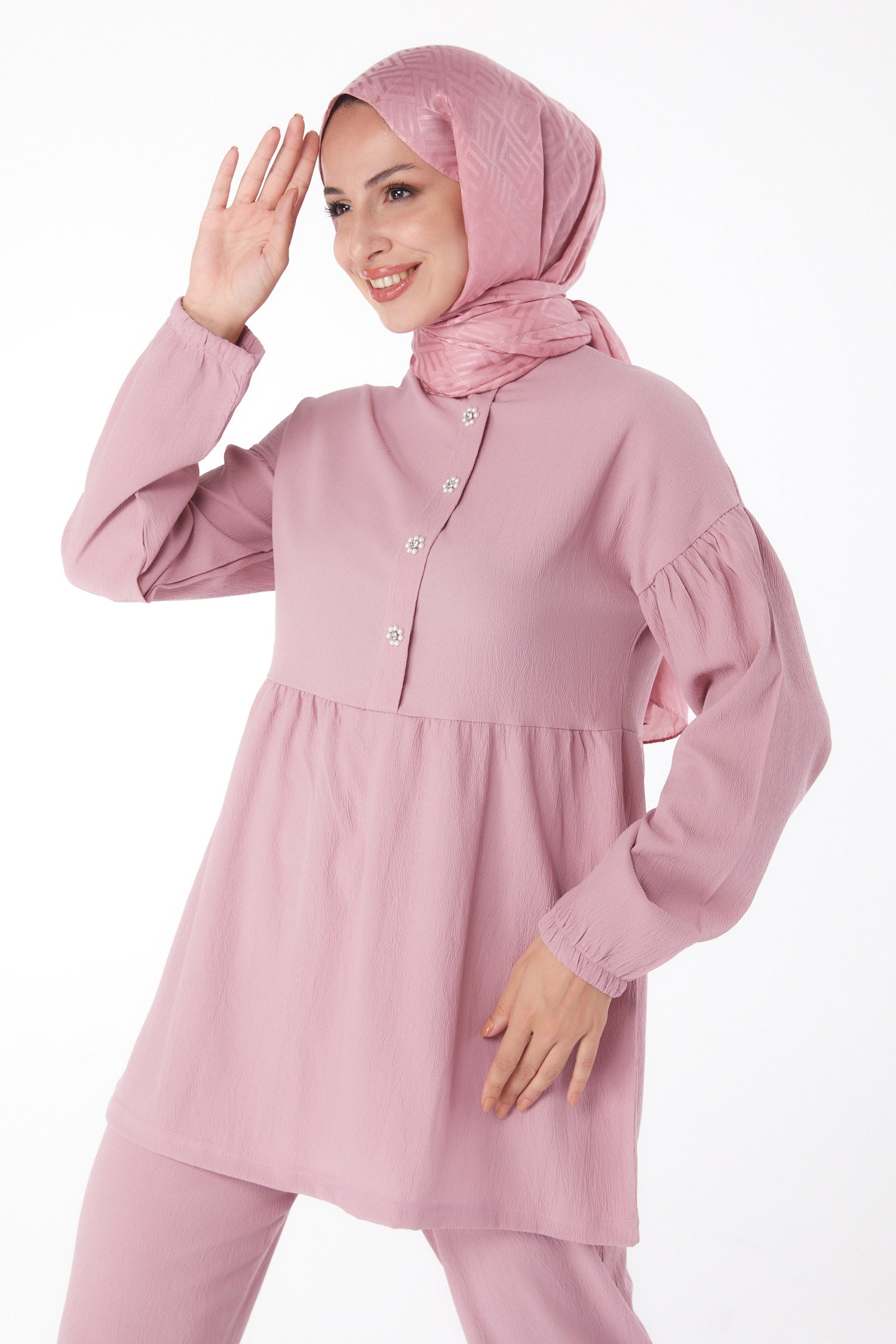 Düz Bisiklet Yaka Kadın Gül Tunik+Pantolon - 11629 - 2
