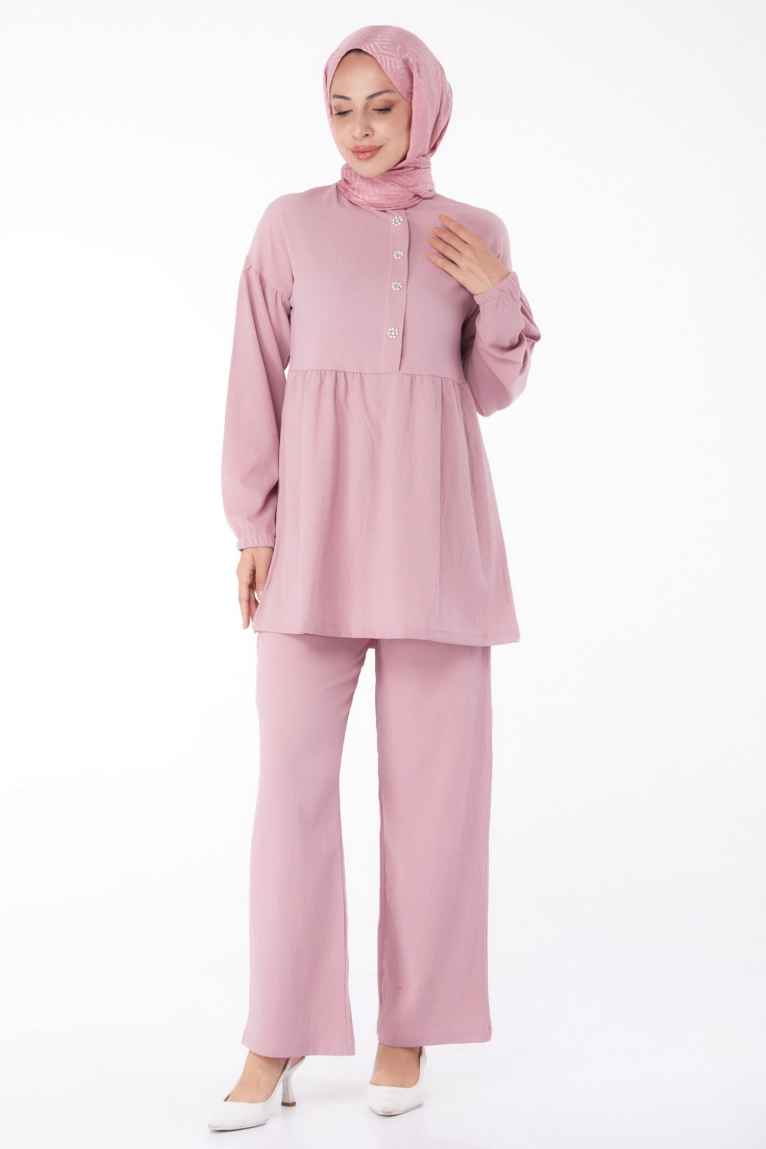 Düz Bisiklet Yaka Kadın Gül Tunik+Pantolon - 11629 - 3