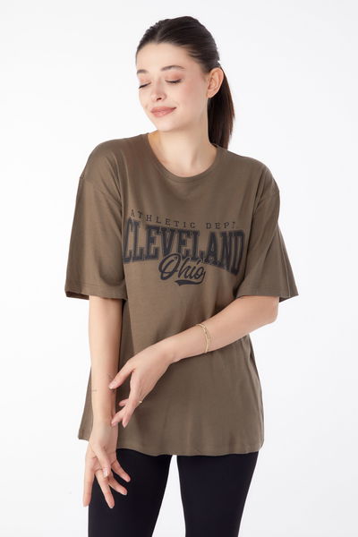 Baskılı Kısa Kollu T-Shirt Haki - 25396 