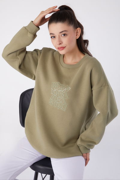Düz Bisiklet Yaka Kadın Haki Baskılı Sweatshirt - 26475 