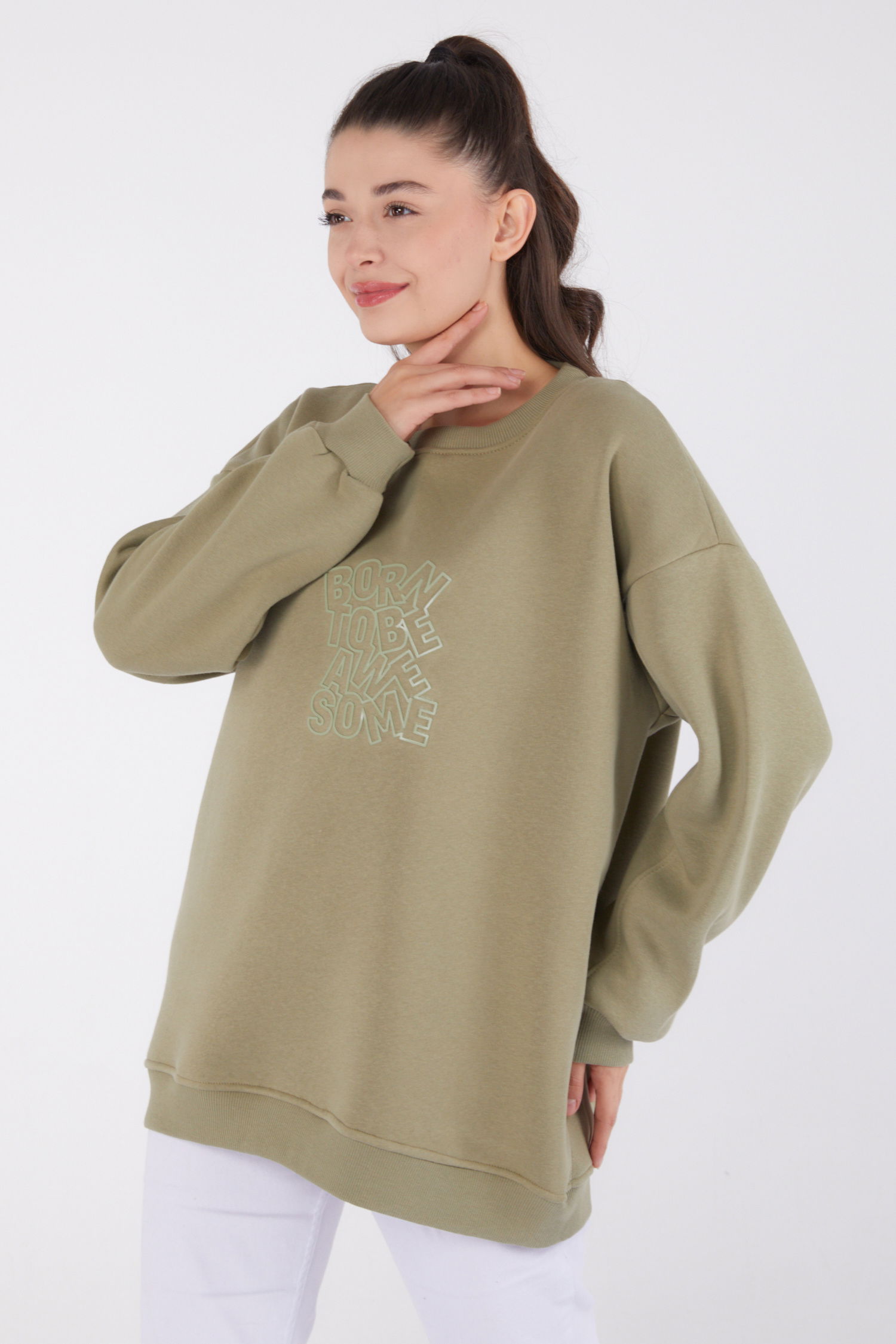 Düz Bisiklet Yaka Kadın Haki Baskılı Sweatshirt - 26475 - 2