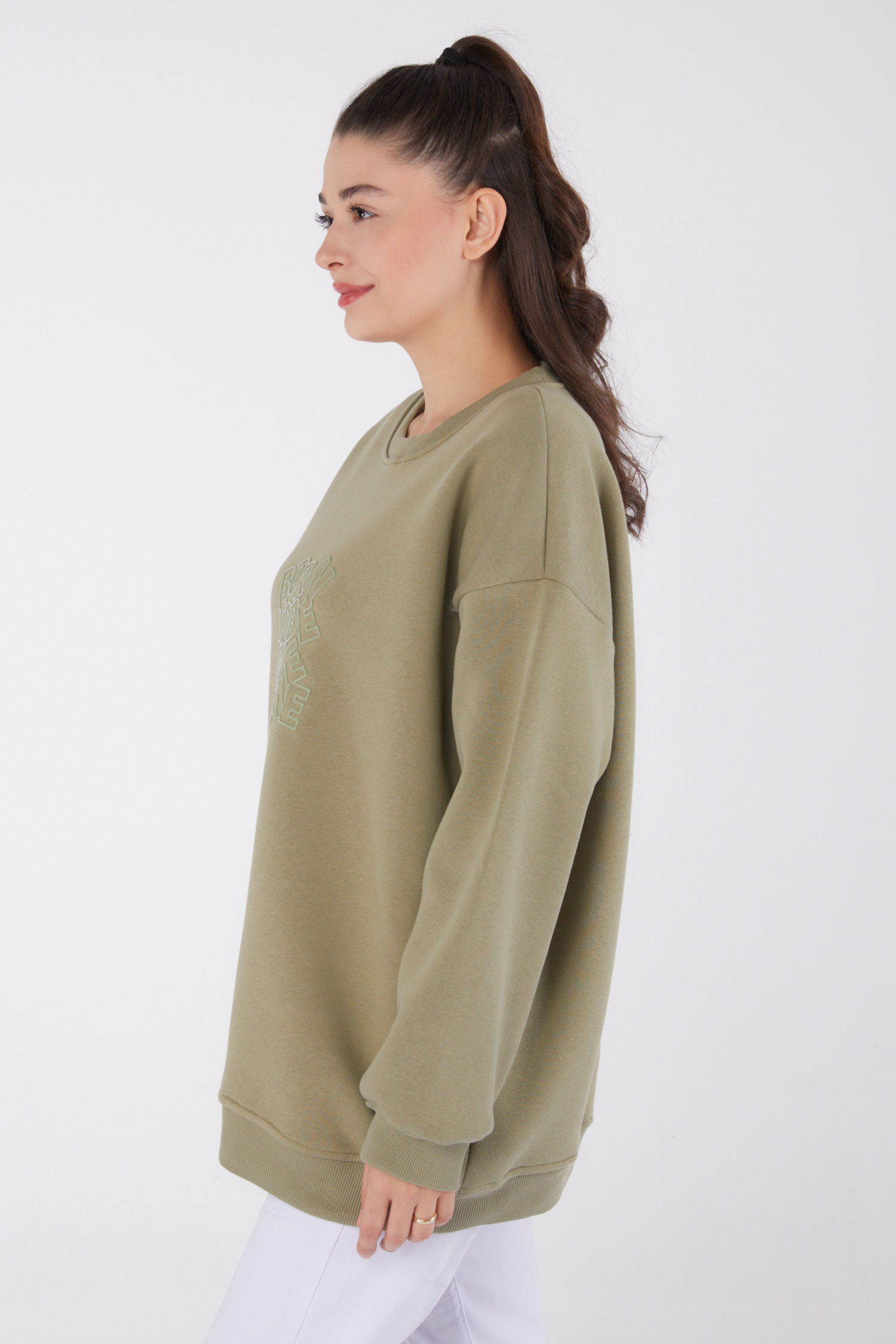 Düz Bisiklet Yaka Kadın Haki Baskılı Sweatshirt - 26475 - 4