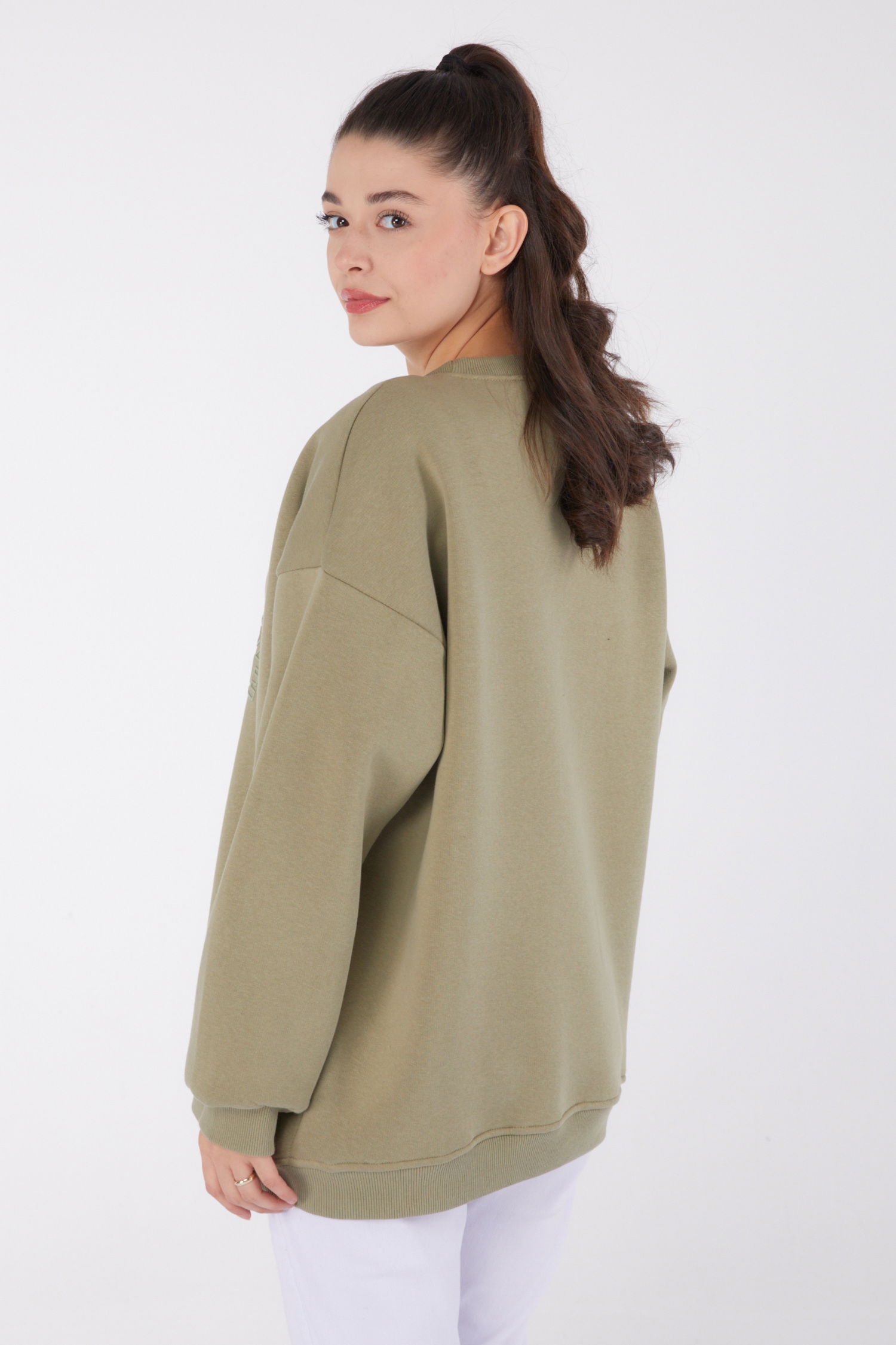 Düz Bisiklet Yaka Kadın Haki Baskılı Sweatshirt - 26475 - 5