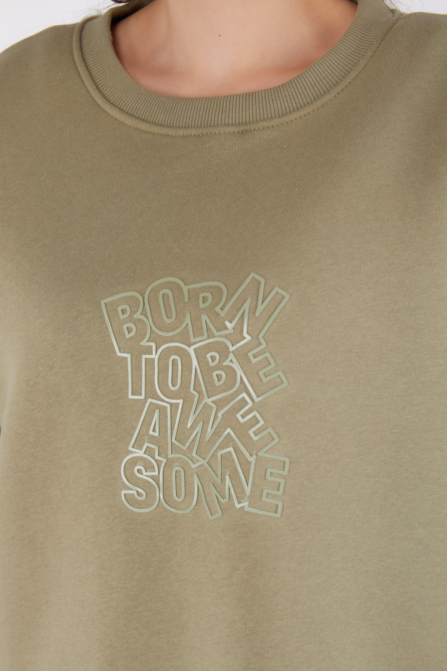 Düz Bisiklet Yaka Kadın Haki Baskılı Sweatshirt - 26475 - 6