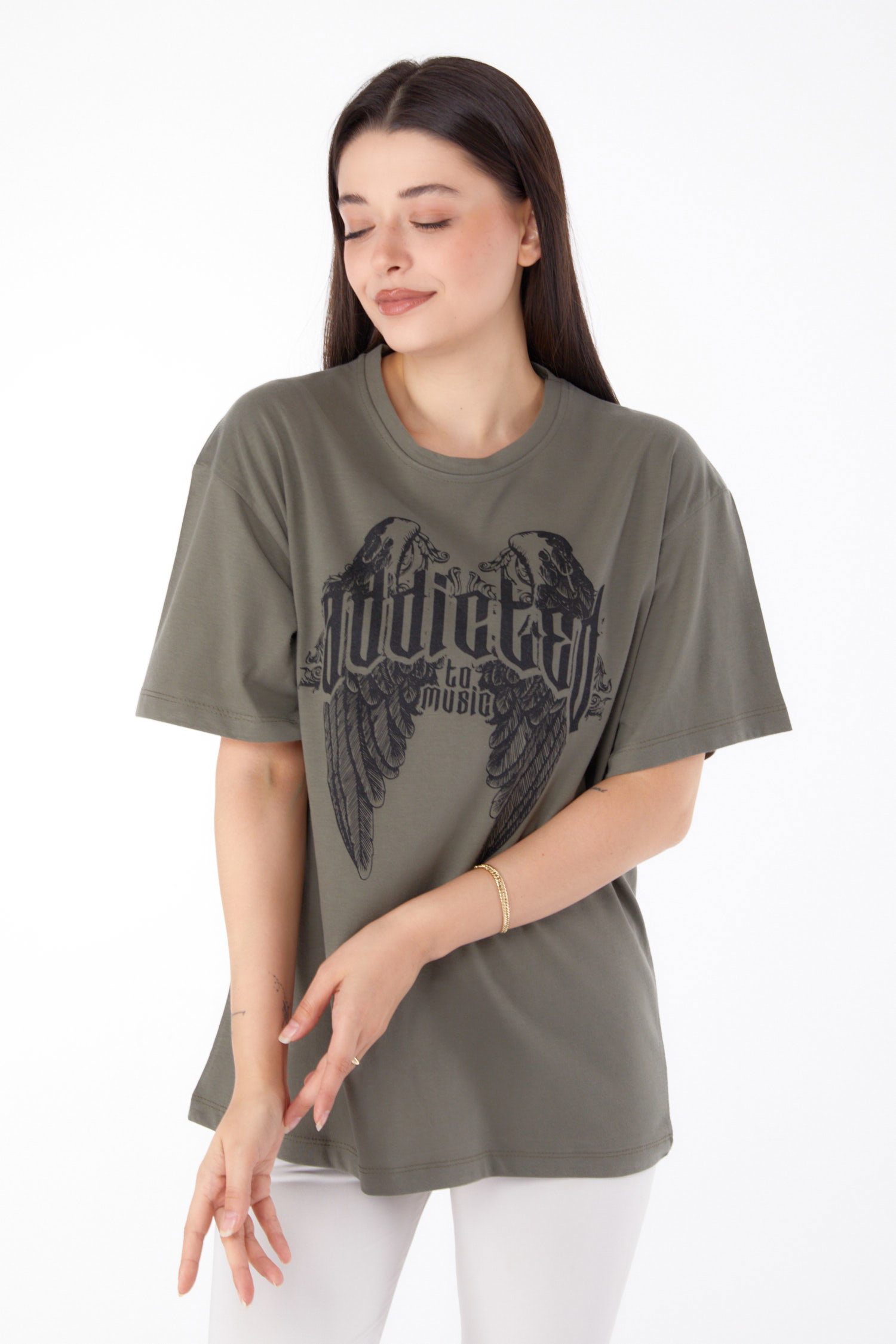 Düz Bisiklet Yaka Kadın Haki Baskılı T-shirt - 25694 - 1