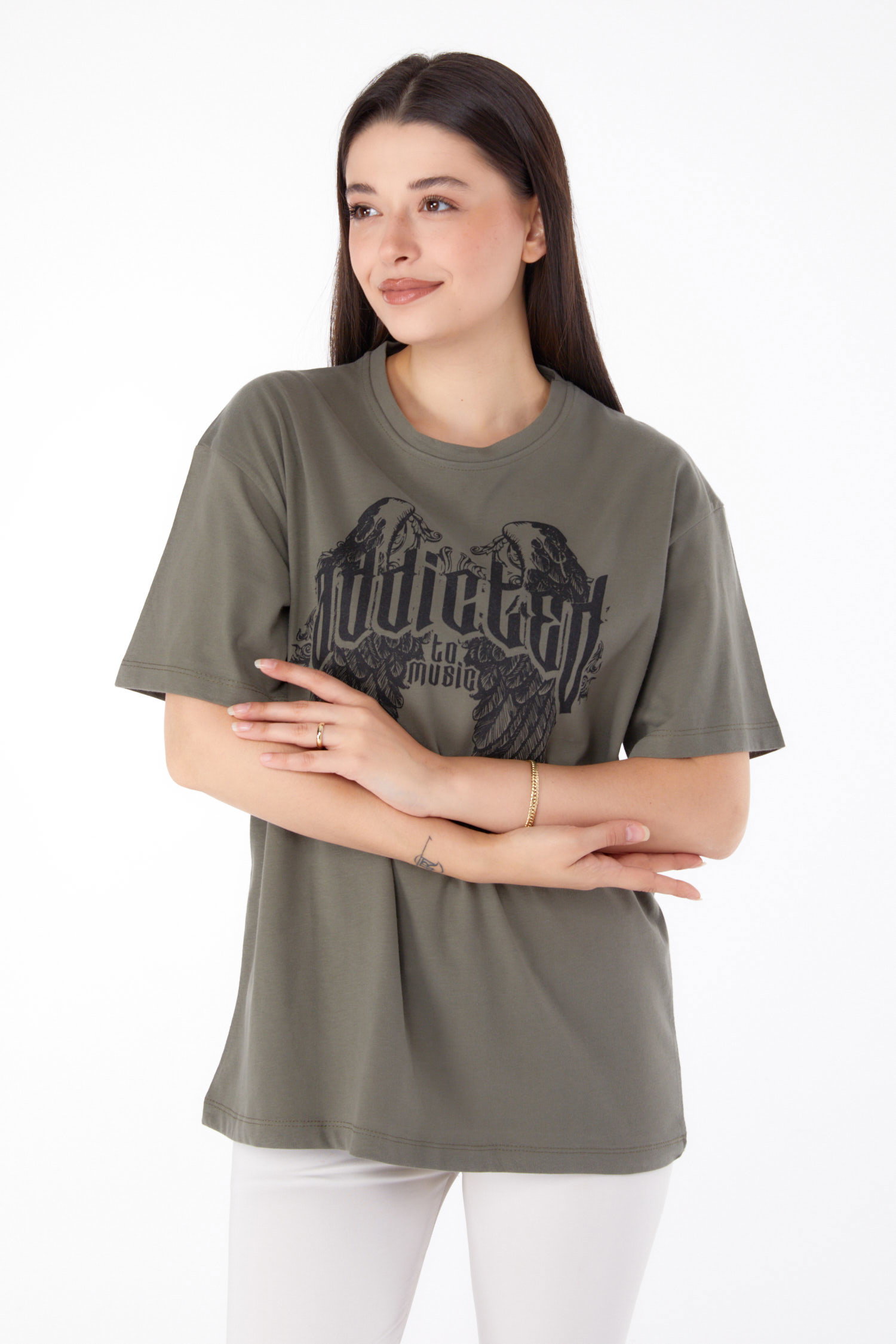 Düz Bisiklet Yaka Kadın Haki Baskılı T-shirt - 25694 - 2