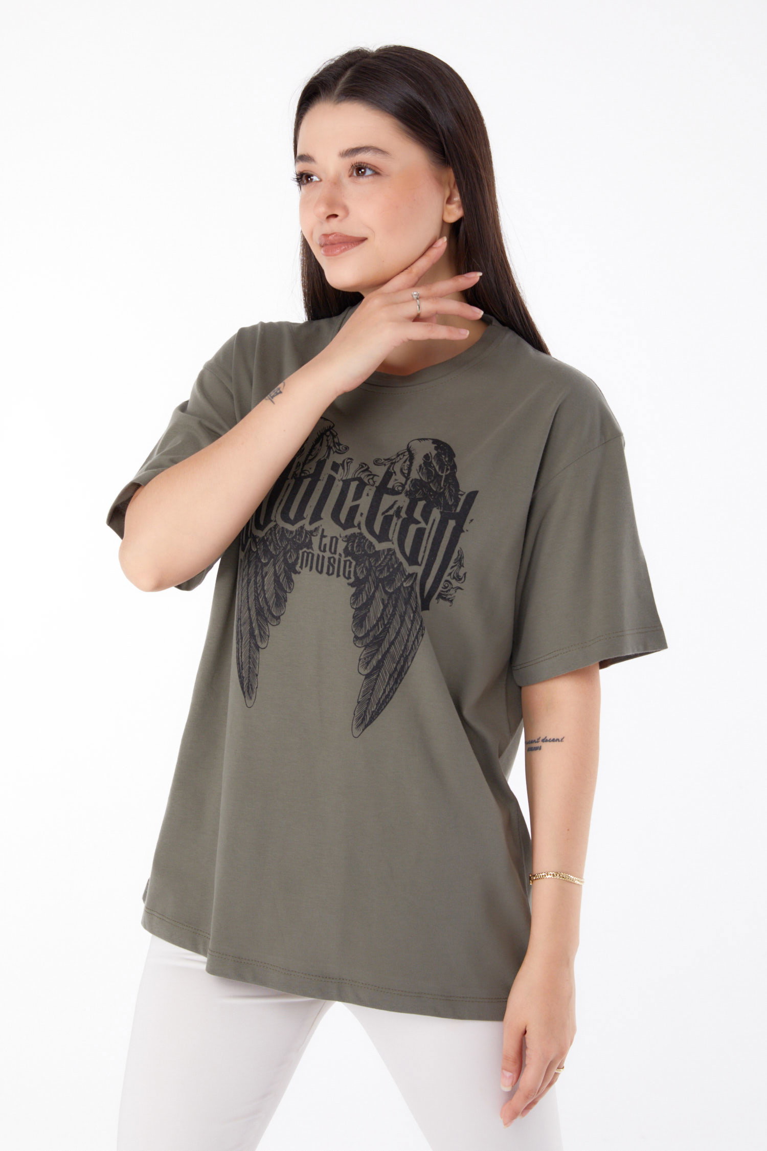 Düz Bisiklet Yaka Kadın Haki Baskılı T-shirt - 25694 - 3