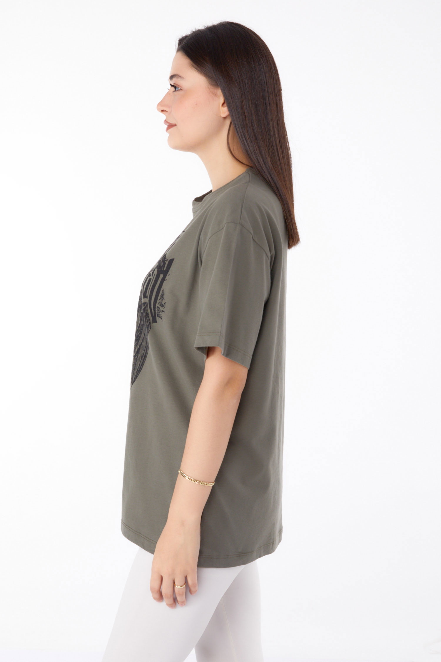 Düz Bisiklet Yaka Kadın Haki Baskılı T-shirt - 25694 - 4