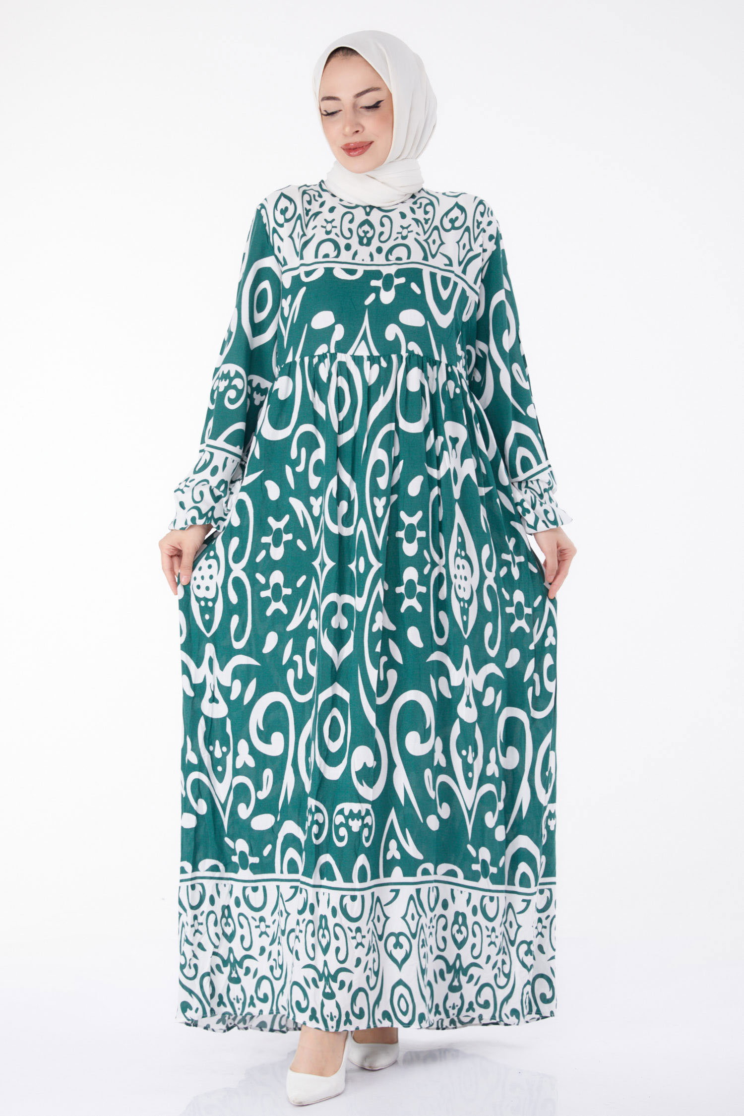 Desenli Elbise Haki - 25409 - 2