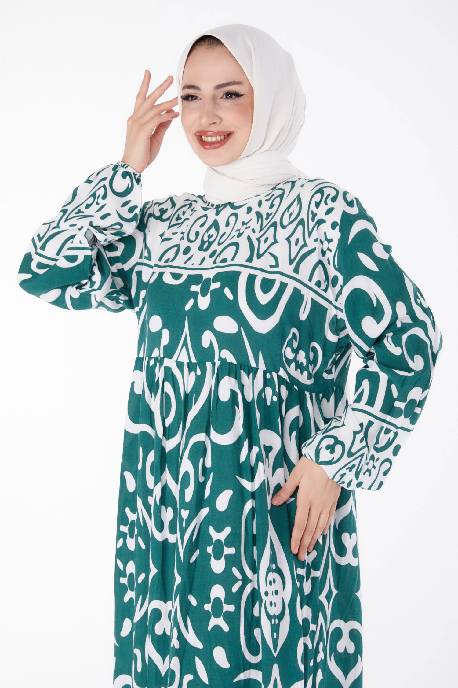 Desenli Elbise Haki - 25409 - 3