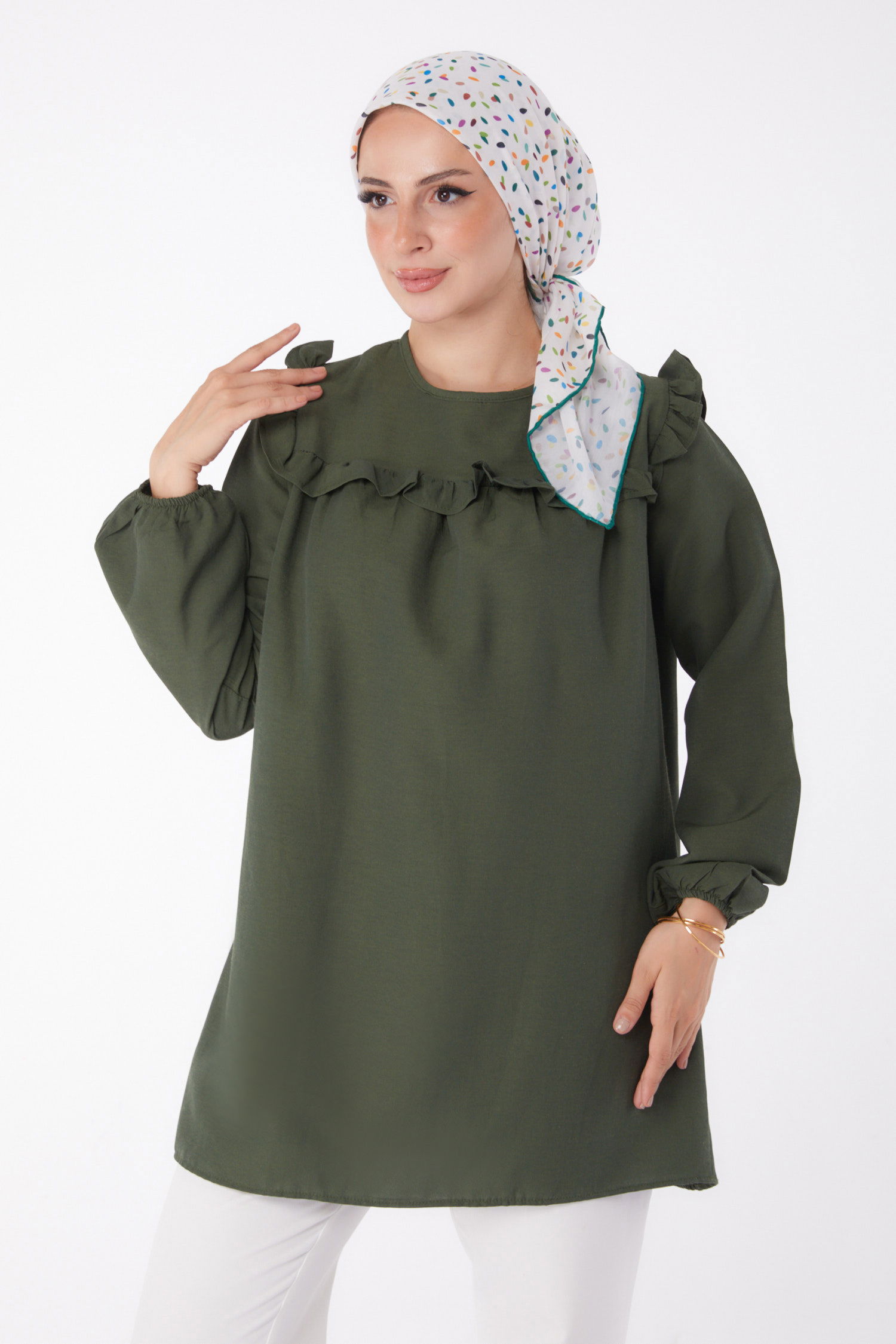 Fırfır Detaylı Tunik Haki - 13142 - 1