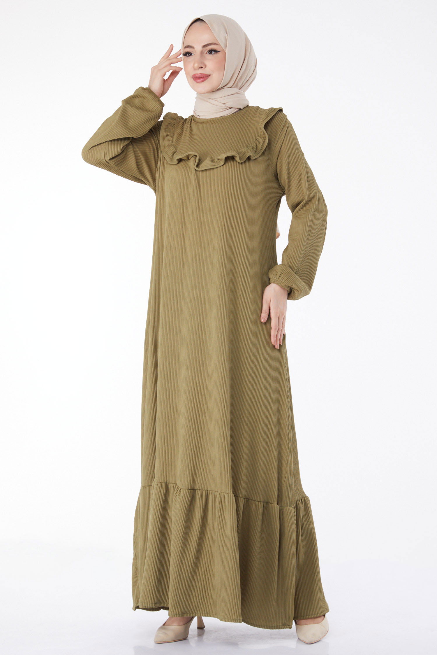 Fırfırlı Elbise Haki - 25056 - 2