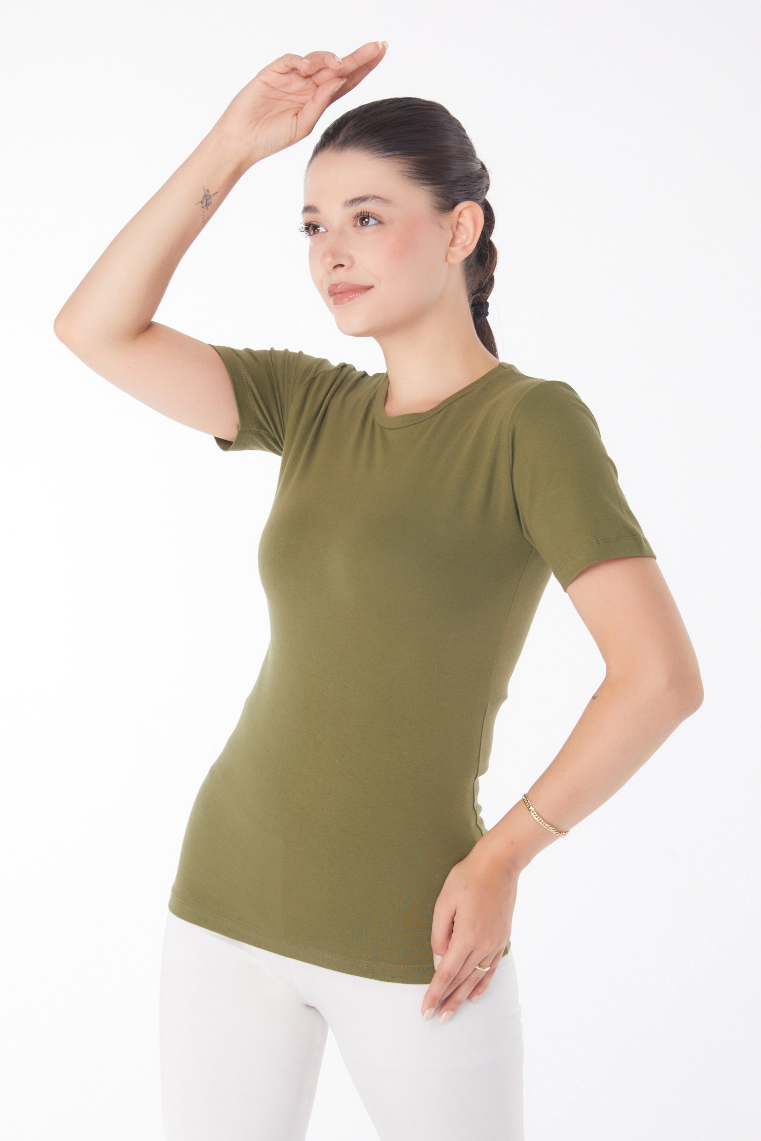 Düz Bisiklet Yaka Kadın Haki Kısa Kollu T-shirt - 25768 - 1