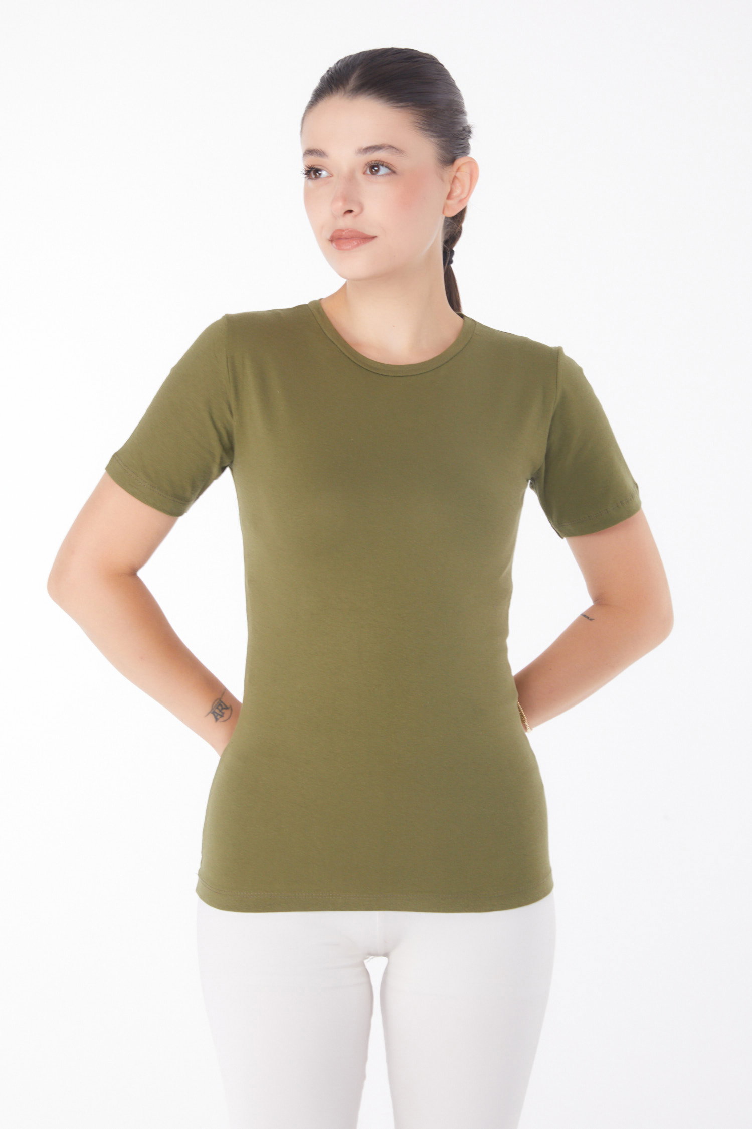 Düz Bisiklet Yaka Kadın Haki Kısa Kollu T-shirt - 25768 - 2