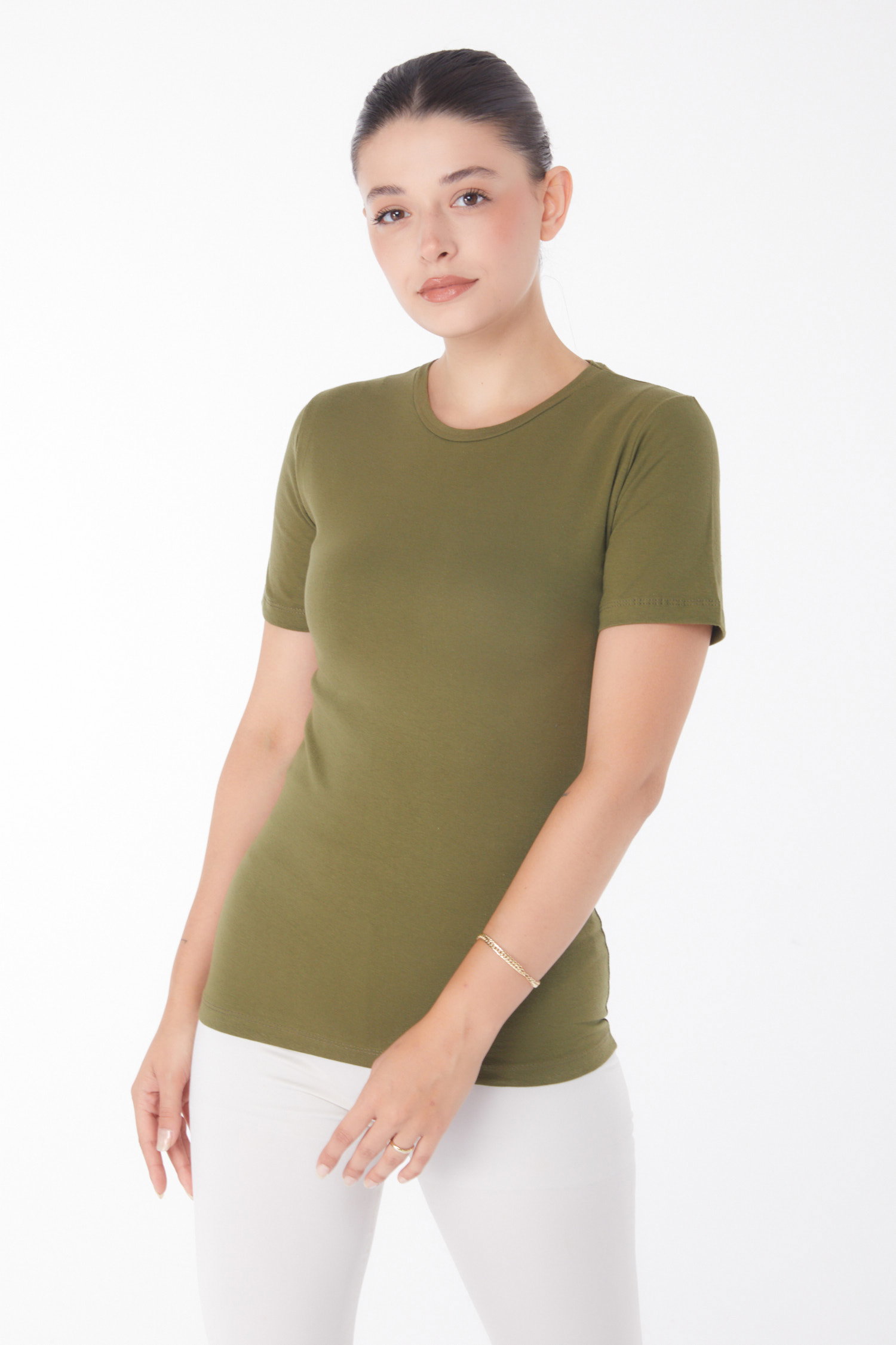 Düz Bisiklet Yaka Kadın Haki Kısa Kollu T-shirt - 25768 - 3