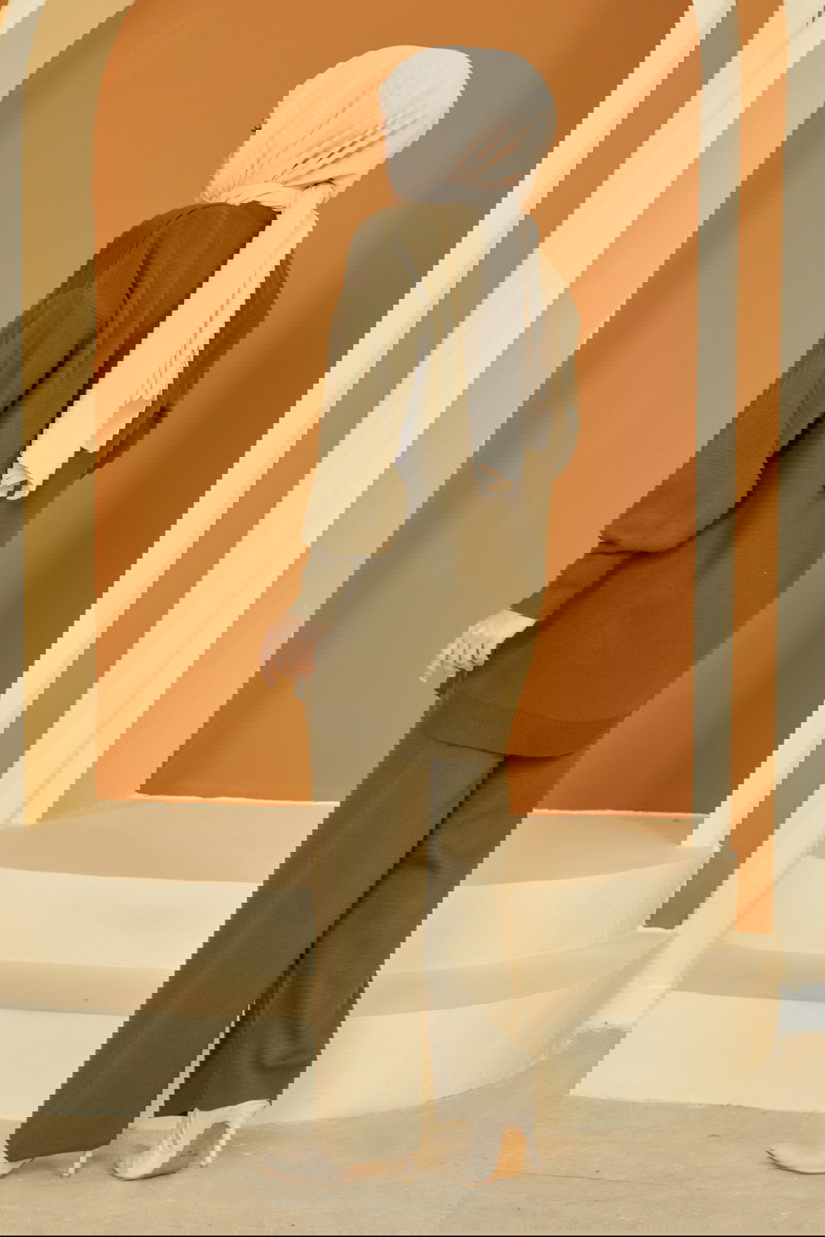 Düz Bisiklet Yaka Kadın Haki Kolyeli Triko Takım - 26594 - 4