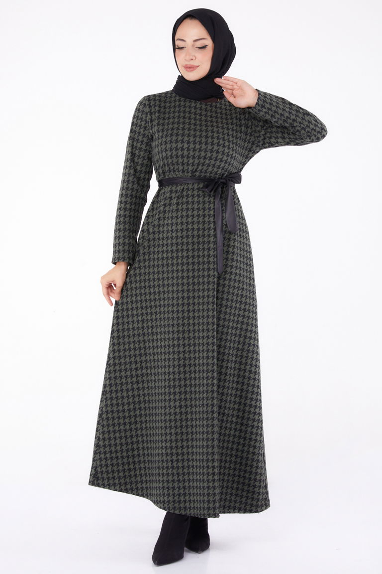 Düz Bisiklet Yaka Kadın Haki Kuşaklı Elbise - 13322 - TOFİSA